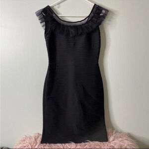 Tadashi Shoji Black Ruched Ruffle Neck Dress